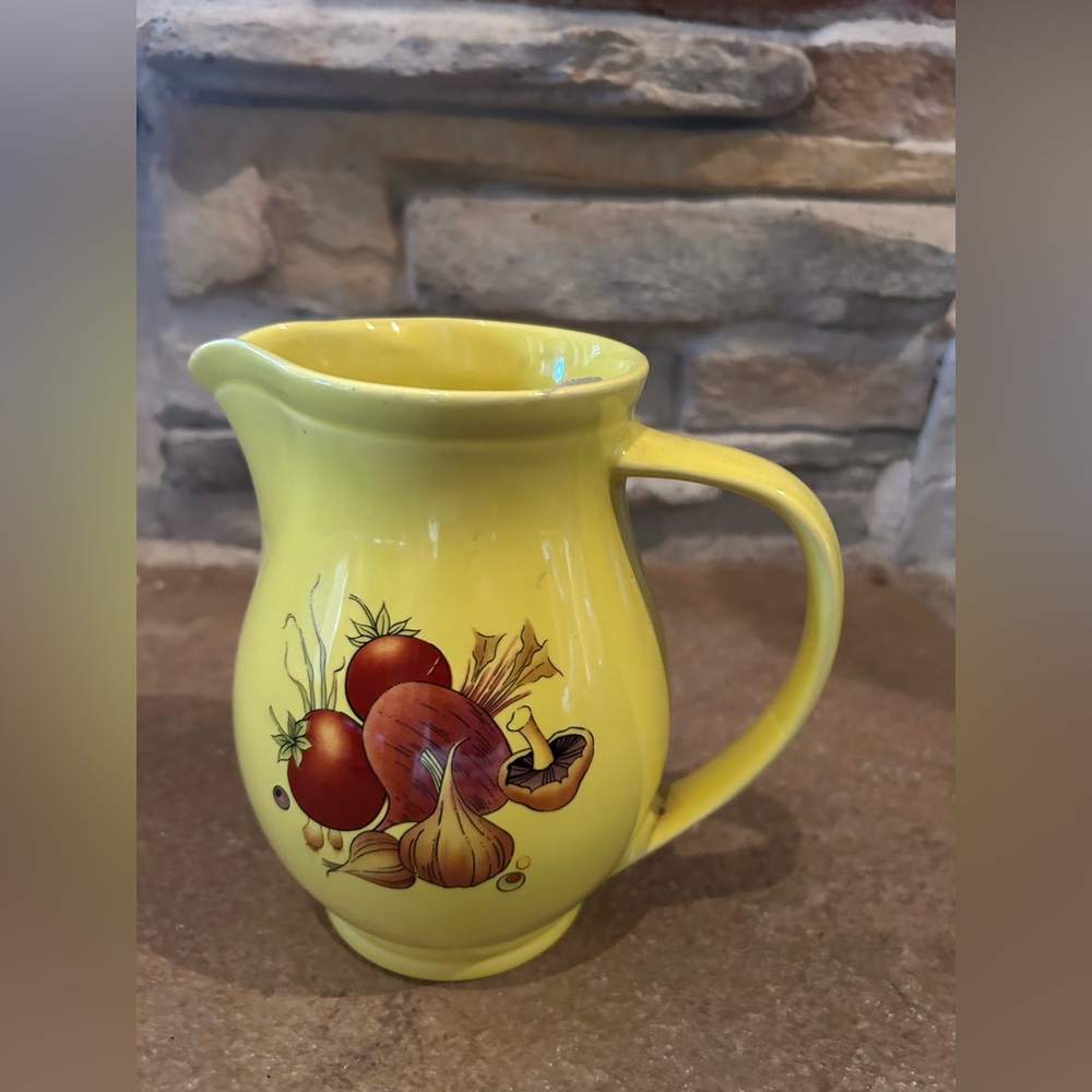 Vintage Hyalyn 6” Yellow Ceramic Pitcher with Vegetable Design